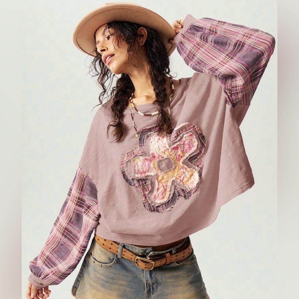 Plaid Patchwork Flower Top NWT - image 5